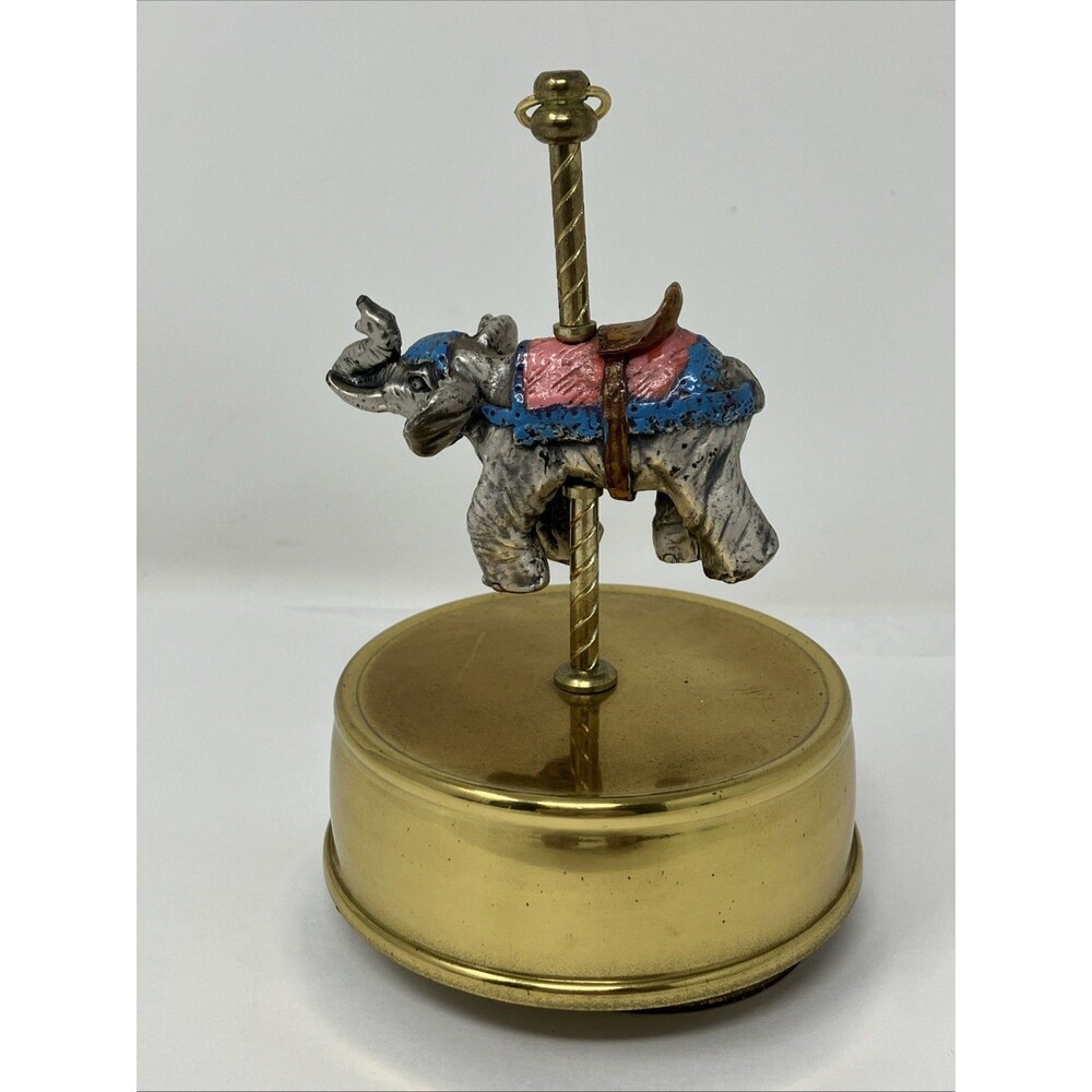 Elephant Carousel Rotating  Music Box Pewter Brass Vintage Taiwan Circus Retro